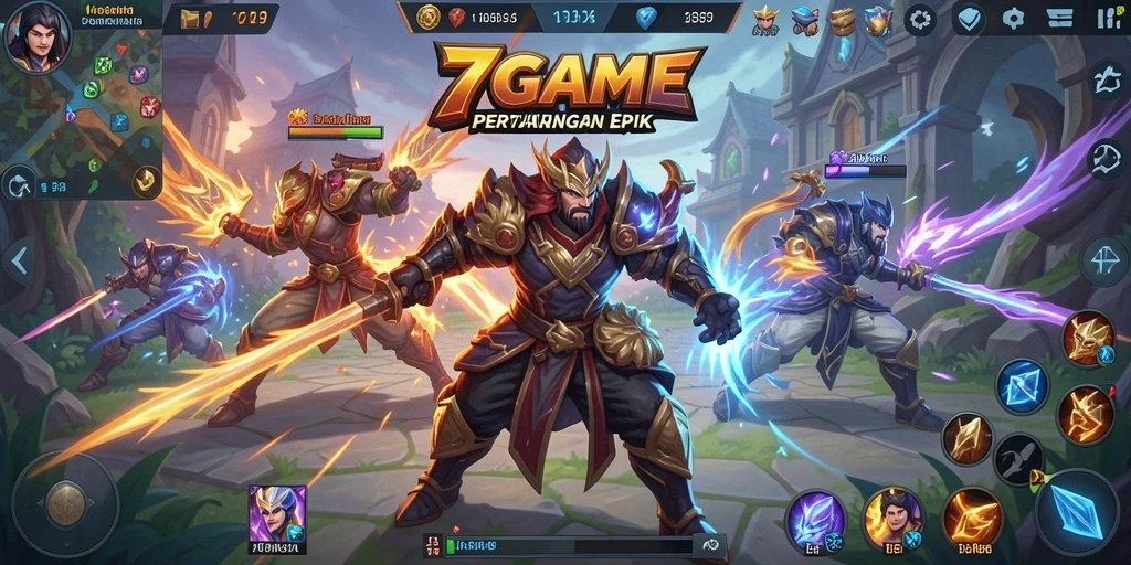 Screenshot gameplay 7GAME yang menampilkan aksi pertarungan tim.