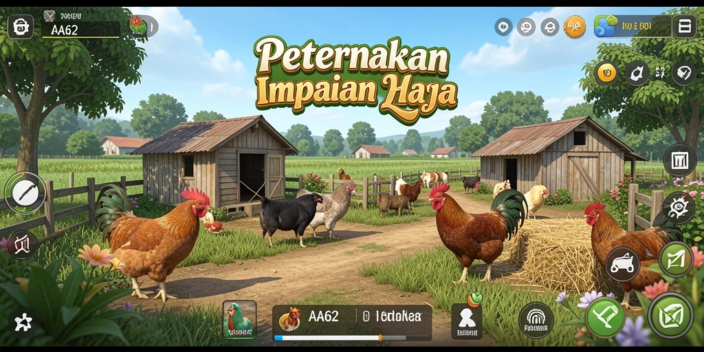Tampilan gameplay <strong>AA62</strong> yang menampilkan kebun yang subur dan hewan ternak.