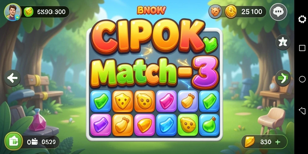 Tampilan gameplay Match-3 yang penuh warna dan seru.