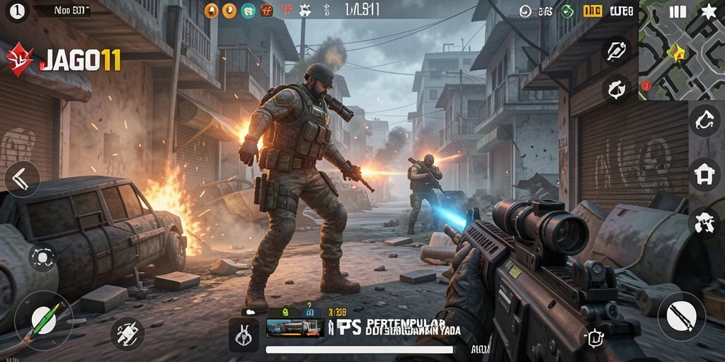 Screenshot JAGO11 menampilkan aksi seru dalam pertempuran FPS.
