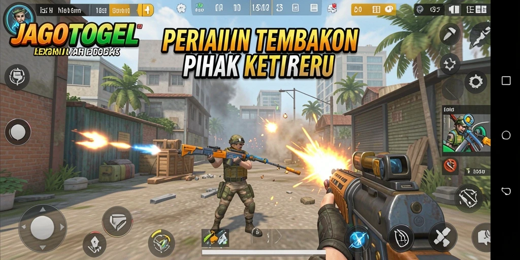 Screenshot menampilkan gameplay mendebarkan JAGOTOGEL dengan aksi tembak-menembak yang intens.