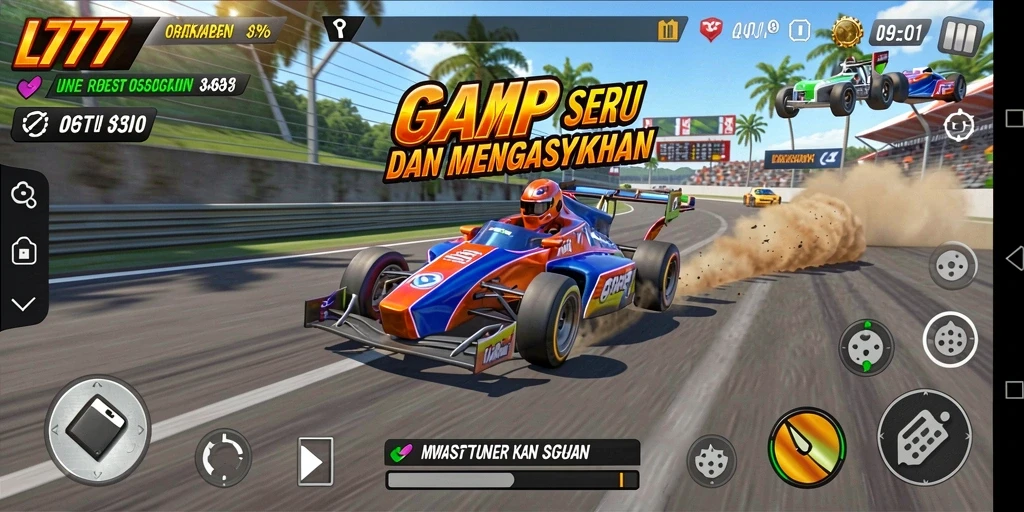 Tampilan gameplay seru dari L777 dengan mobil balap dan trek yang dinamis.