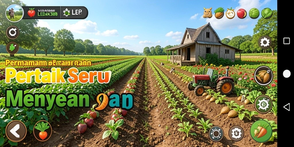 Tampilan gameplay LEDAK388 yang penuh warna dan menarik di dunia pertanian.