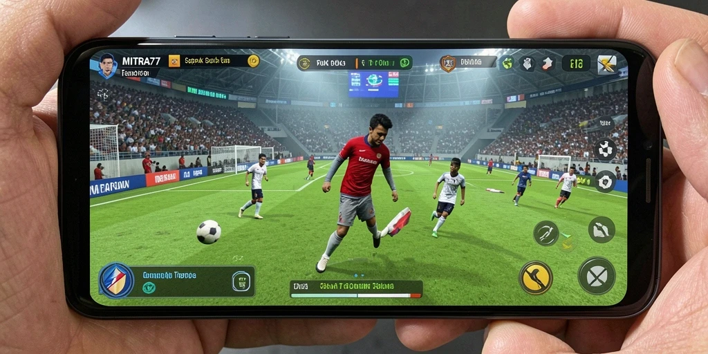 Tampilan gameplay seru di MITRA77 dengan aksi sepak bola mendebarkan.