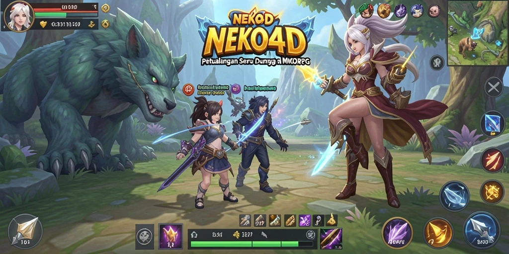 Screenshot gameplay NEKO4D yang menunjukkan pertarungan epik dan eksplorasi.