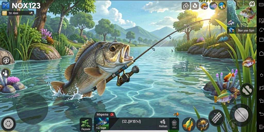 Tampilan seru gameplay <strong>NOX123</strong> saat memancing di danau yang indah.