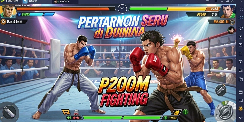 Screenshot P200M menampilkan karakter sedang bertarung di arena yang spektakuler.