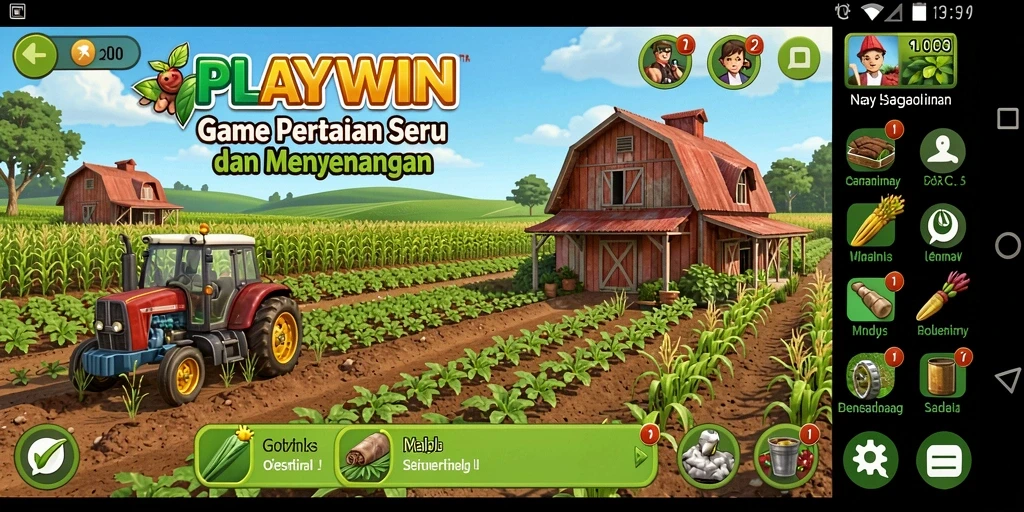 Screenshot utama menampilkan aktivitas pertanian yang dinamis dalam PLAYWIN.