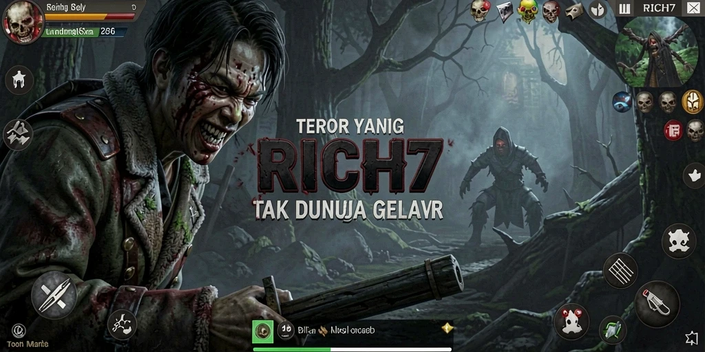 Gambaran gameplay RICH7 yang penuh ketegangan dan kegelapan.