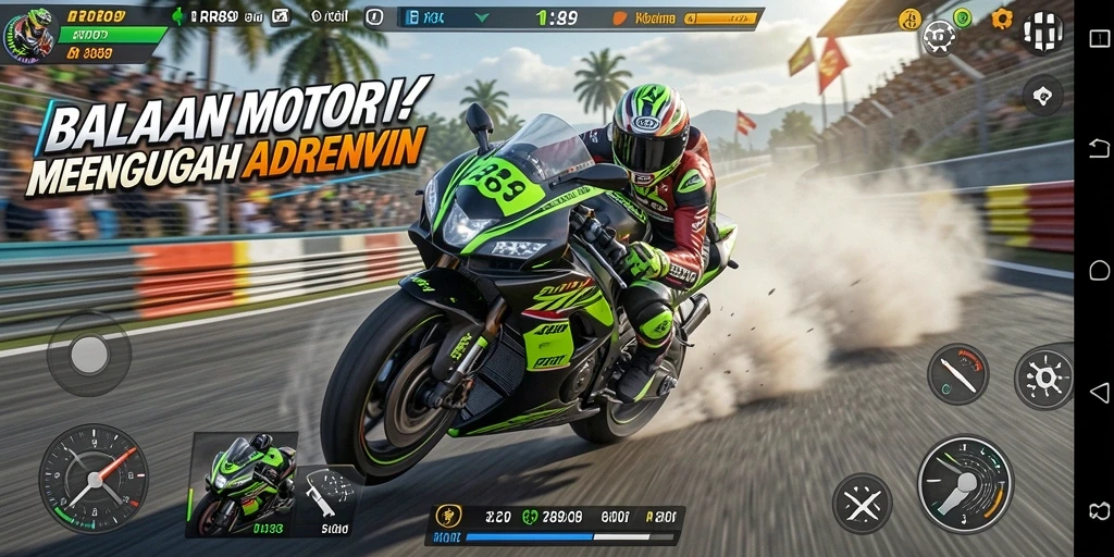 Tampilan gameplay balapan motor yang dinamis dan seru di RR89.