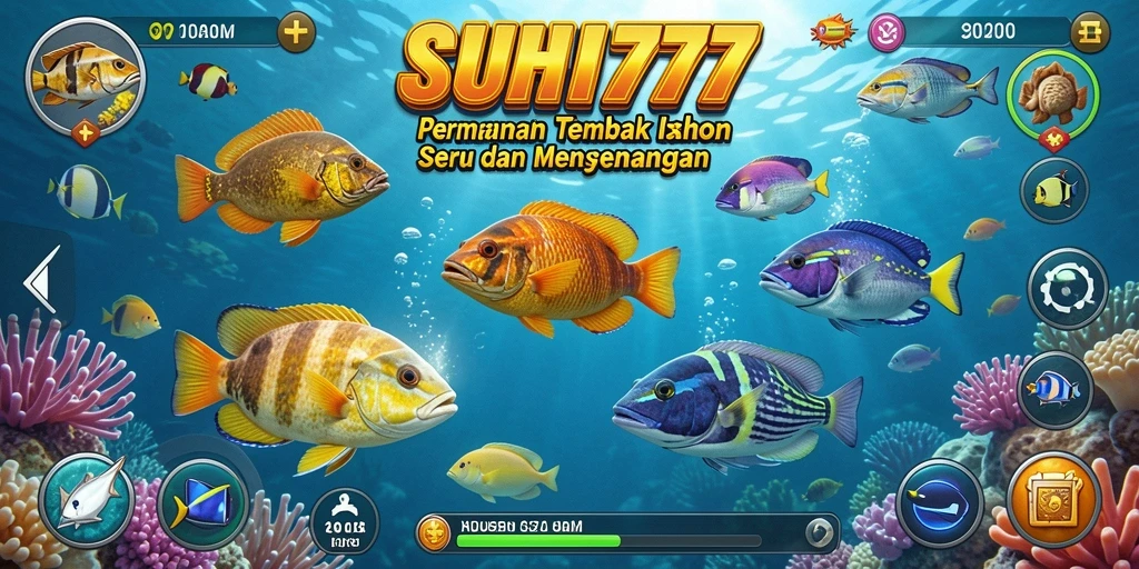 Screenshot gameplay <strong>SUHUU777</strong> menunjukkan aksi menembak ikan yang seru.